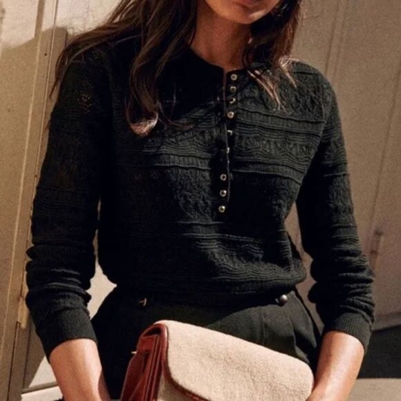 NWOT Sezane Merino Pointelle Jumper Sweater S Noir Gold Buttons - Picture 1 of 10